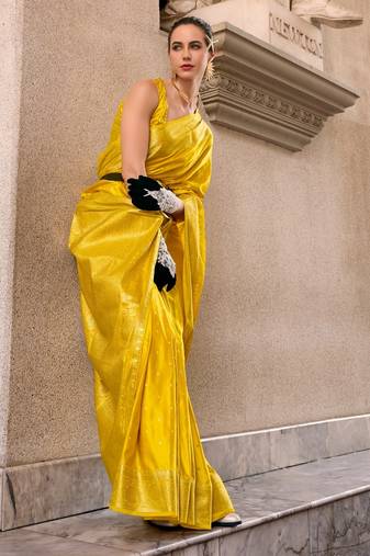 yellow silk blend tissue zari weaving saree with blouse piece