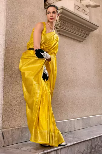 yellow silk blend tissue zari weaving saree with blouse piece