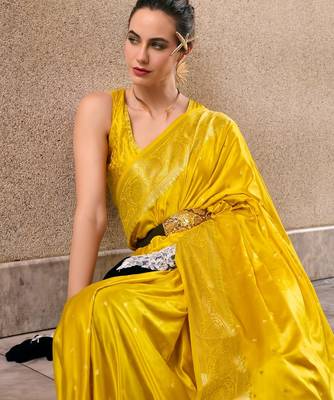 yellow silk blend tissue zari weaving saree with blouse piece 2
