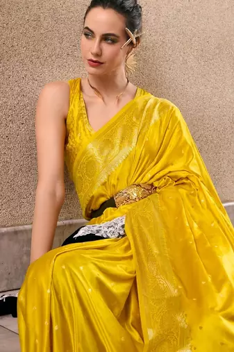 yellow silk blend tissue zari weaving saree with blouse piece