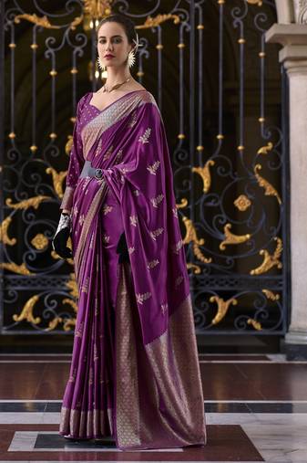 violet silk blend tissue zari weaving saree with blouse piece