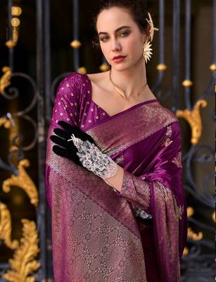 violet silk blend tissue zari weaving saree with blouse piece 2