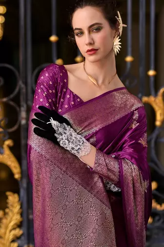 violet silk blend tissue zari weaving saree with blouse piece