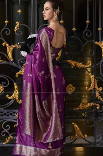 violet silk blend tissue zari weaving saree with blouse piece