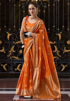 orange silk blend tissue zari weaving saree with blouse piece 1