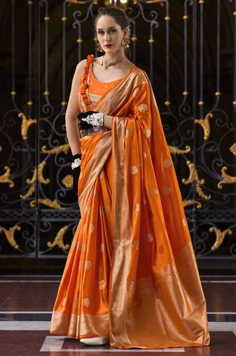 orange silk blend tissue zari weaving saree with blouse piece