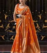 orange silk blend tissue zari weaving saree with blouse piece