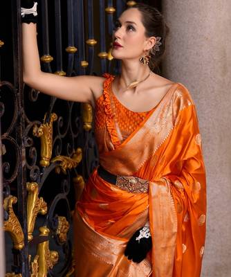 orange silk blend tissue zari weaving saree with blouse piece 2