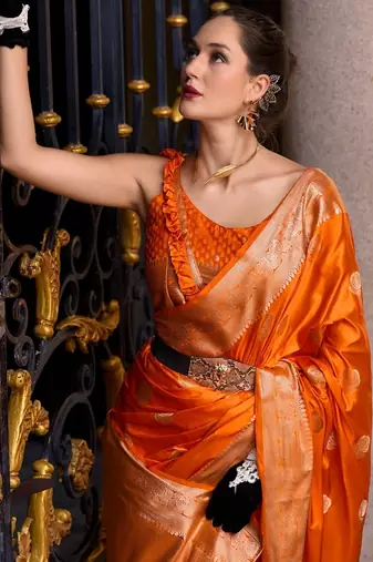 orange silk blend tissue zari weaving saree with blouse piece
