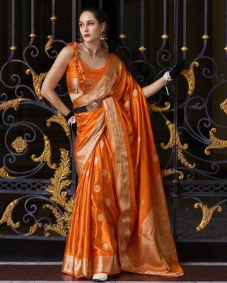 orange silk blend tissue zari weaving saree with blouse piece 3