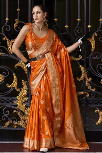 orange silk blend tissue zari weaving saree with blouse piece