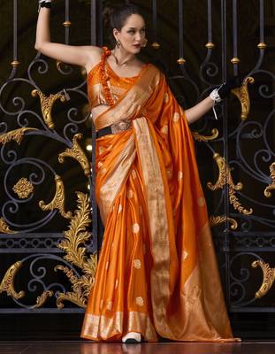 orange silk blend tissue zari weaving saree with blouse piece 4