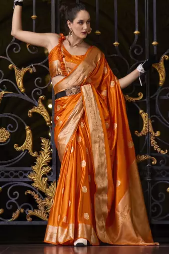 orange silk blend tissue zari weaving saree with blouse piece