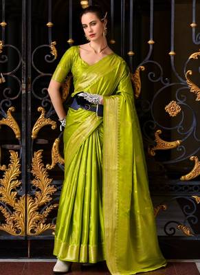 parrot green silk blend tissue zari weaving saree with blouse piece 1