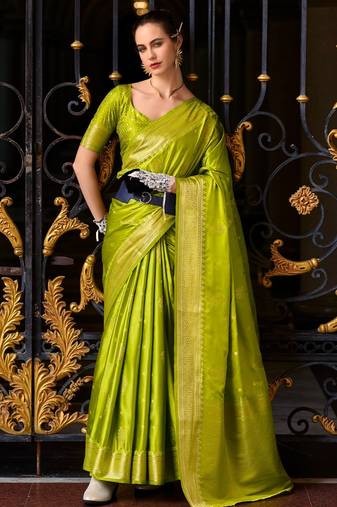 parrot green silk blend tissue zari weaving saree with blouse piece