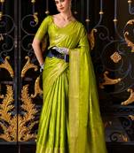 parrot green silk blend tissue zari weaving saree with blouse piece