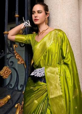 parrot green silk blend tissue zari weaving saree with blouse piece 2