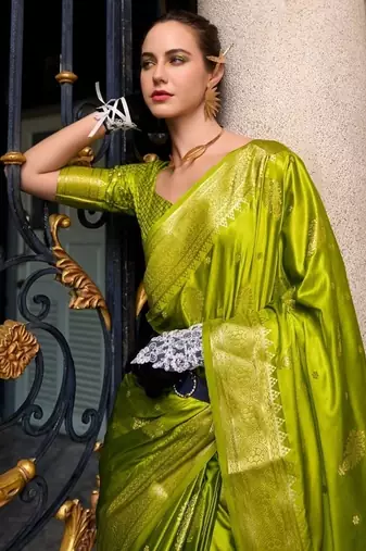 parrot green silk blend tissue zari weaving saree with blouse piece