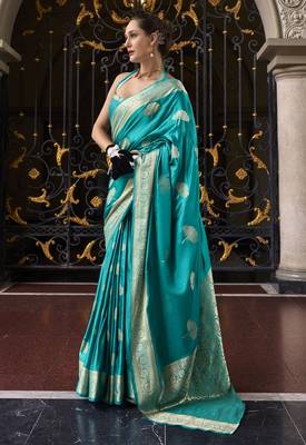 sky blue silk blend tissue zari weaving saree with blouse piece 1