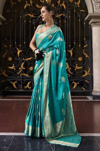 sky blue silk blend tissue zari weaving saree with blouse piece