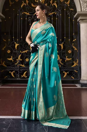 sky blue silk blend tissue zari weaving saree with blouse piece