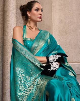 sky blue silk blend tissue zari weaving saree with blouse piece 2