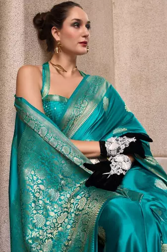 sky blue silk blend tissue zari weaving saree with blouse piece