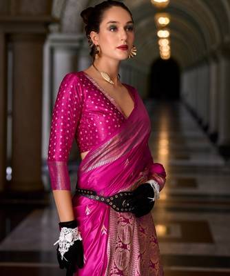 magenta silk blend tissue zari weaving saree with blouse piece 2