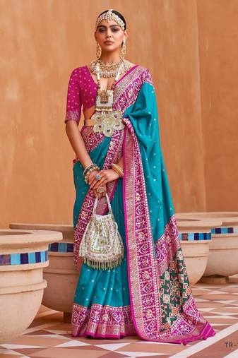 sky blue silk blend zari weaving and patola border saree with blouse piece