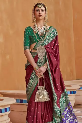 brown silk blend zari weaving and patola border saree with blouse piece
