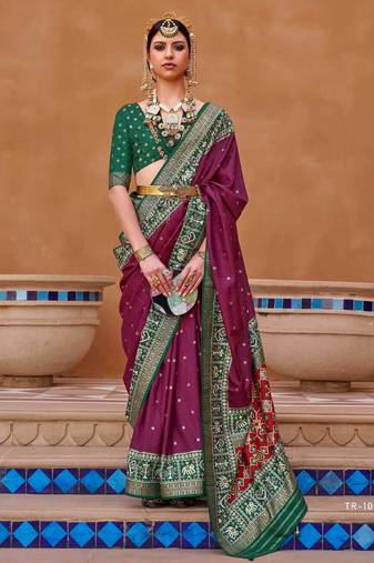 violet silk blend zari weaving and patola border saree with blouse piece