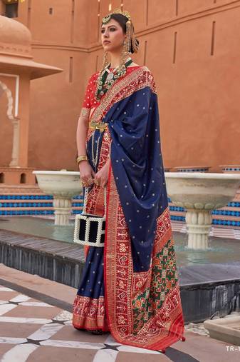 navy blue silk blend zari weaving and patola border saree with blouse piece