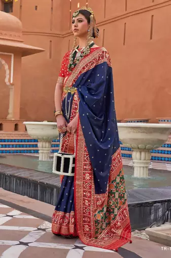 navy blue silk blend zari weaving and patola border saree with blouse piece