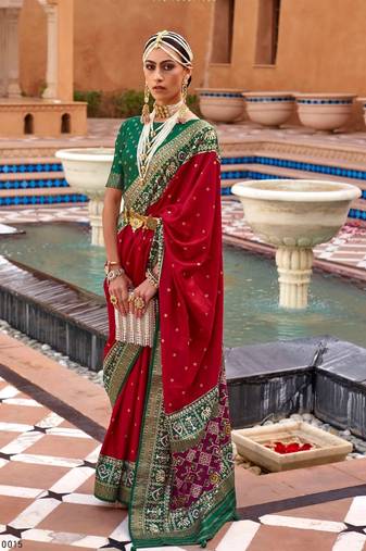 red silk blend zari weaving and patola border saree with blouse piece