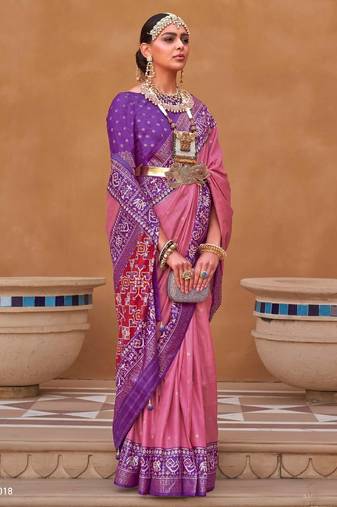 pink silk blend zari weaving and patola border saree with blouse piece