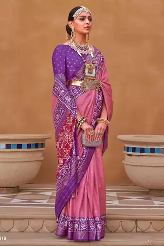 pink silk blend zari weaving and patola border saree with blouse piece