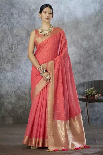 red corron silk blend zari woven saree with blouse piece