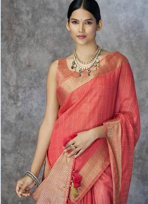 red corron silk blend zari woven saree with blouse piece 2