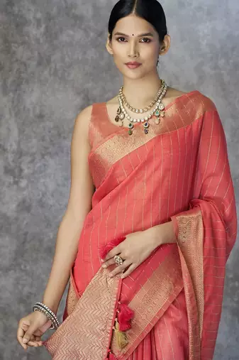red corron silk blend zari woven saree with blouse piece