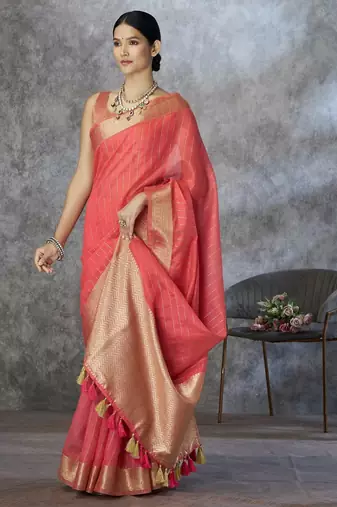 red corron silk blend zari woven saree with blouse piece
