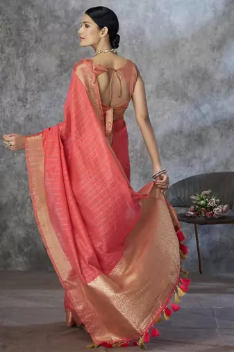 red corron silk blend zari woven saree with blouse piece