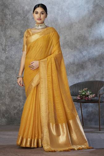mustard corron silk blend zari woven saree with blouse piece