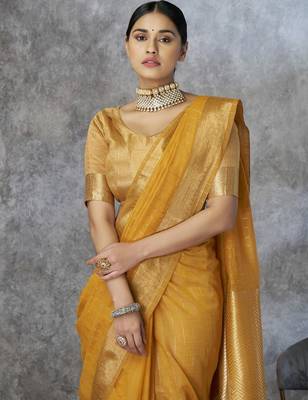 mustard corron silk blend zari woven saree with blouse piece 2