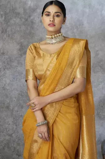 mustard corron silk blend zari woven saree with blouse piece