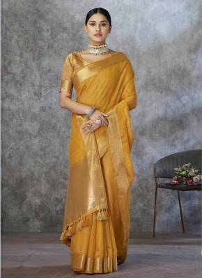 mustard corron silk blend zari woven saree with blouse piece 3