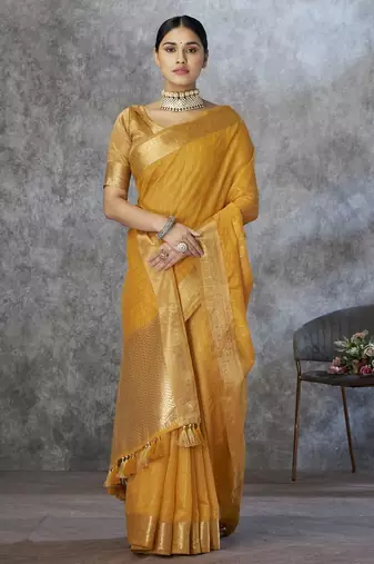 mustard corron silk blend zari woven saree with blouse piece