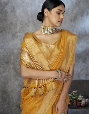 mustard corron silk blend zari woven saree with blouse piece 4