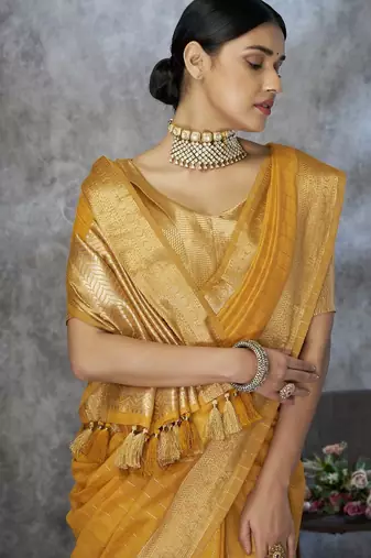 mustard corron silk blend zari woven saree with blouse piece