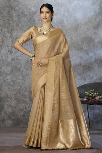 dark beige corron silk blend zari woven saree with blouse piece