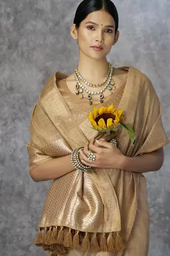 dark beige corron silk blend zari woven saree with blouse piece